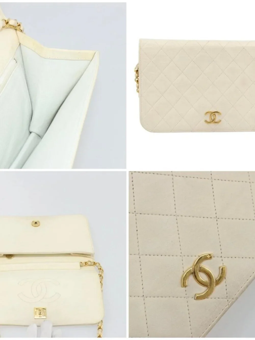 CHANEL Matelasse Chain Shoulder Bag Lamb Skin White Gold CC Auth BA12264